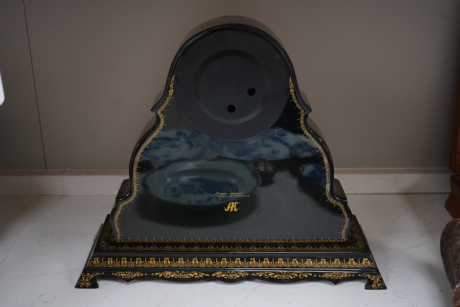 A Becha Russian hand painted black lacquer large mantel clock, 36cm high x 44cm wide